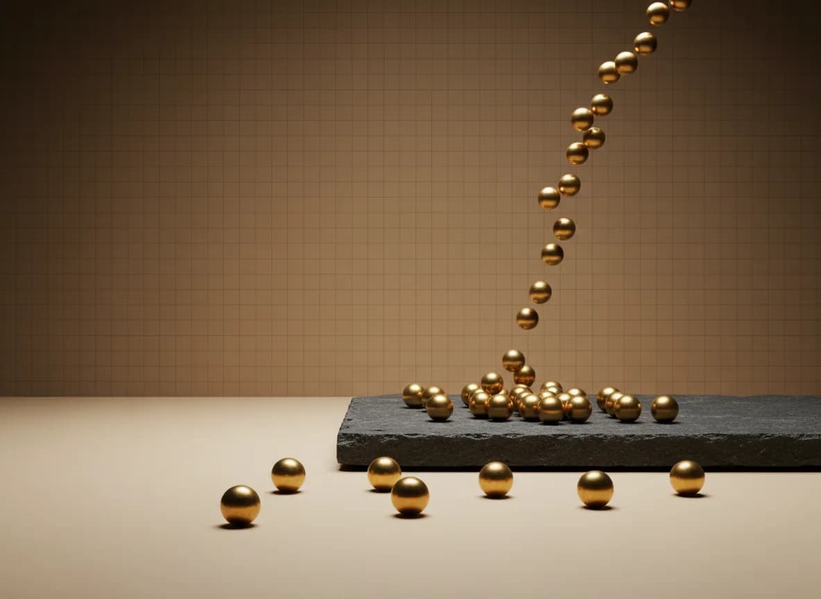 A stream of brass balls falling onto a dark stone slab and scattering across the floor