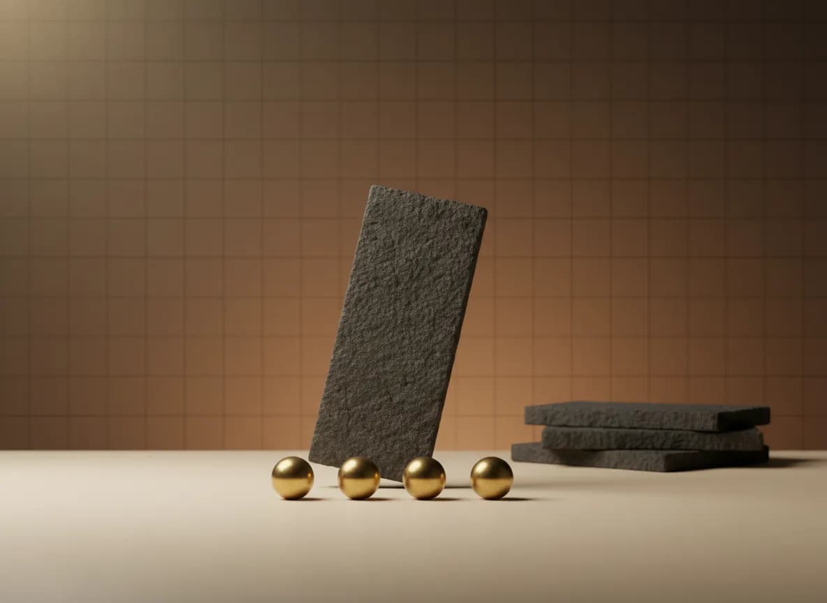 A dark stone card standing upright beside a row of small brass balls