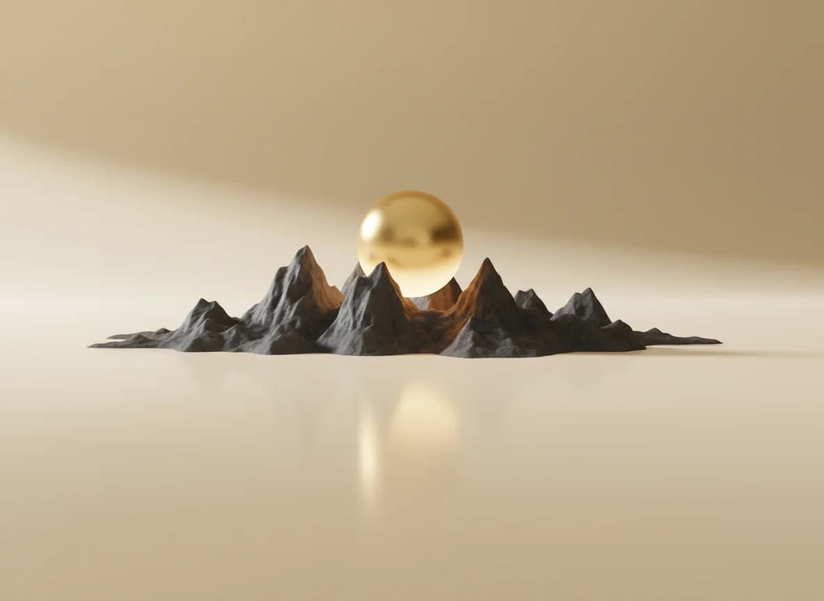 A low range of matte graphite peaks with a polished gold sphere rising above the tallest one