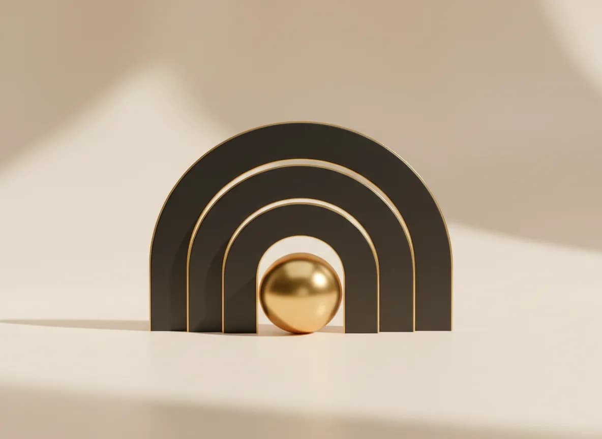 Nested dark stone arches over a brass ball