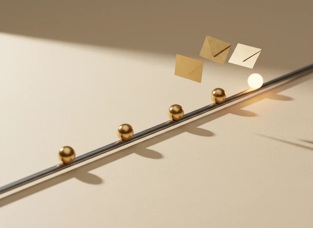 Gold spheres travelling along a graphite rail with three folded gold cards in flight above them