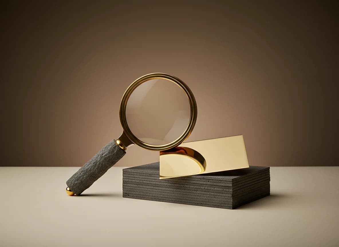 A brass magnifying glass over a stack of dark stone cards with a brass card on top