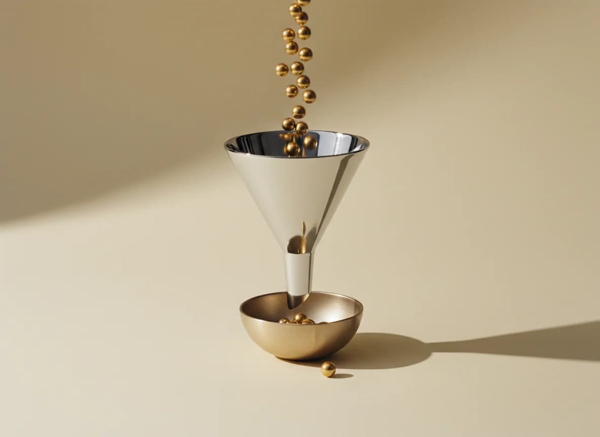 A chrome funnel catching a stream of small gold spheres into a champagne bowl