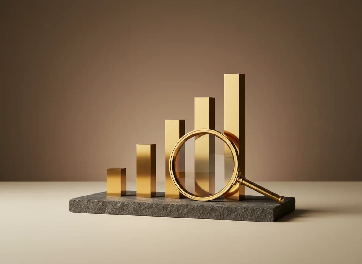 Brass bar chart columns rising behind a brass magnifying glass on a stone base