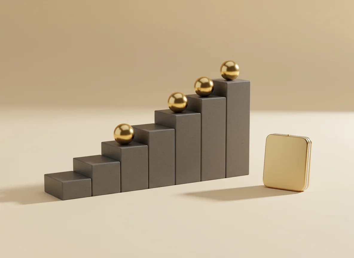 A staircase of graphite bars rising like a chart with gold spheres on the steps